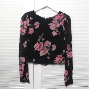 Topshop Black Floral‎ Semi Sheer Crop Blouse Zip Detail